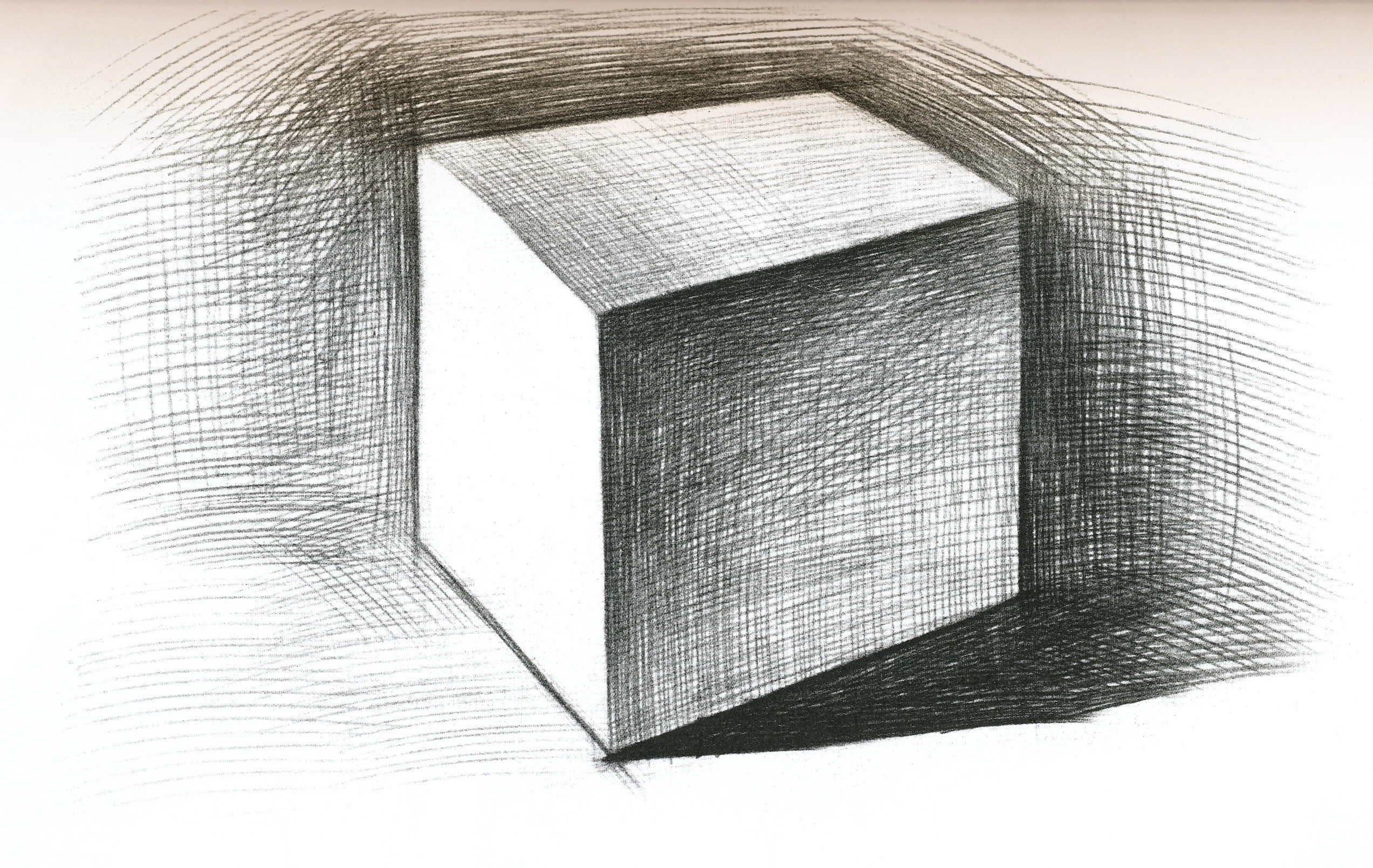 crosshatch drawing of a box showing the system of chiaroscuro