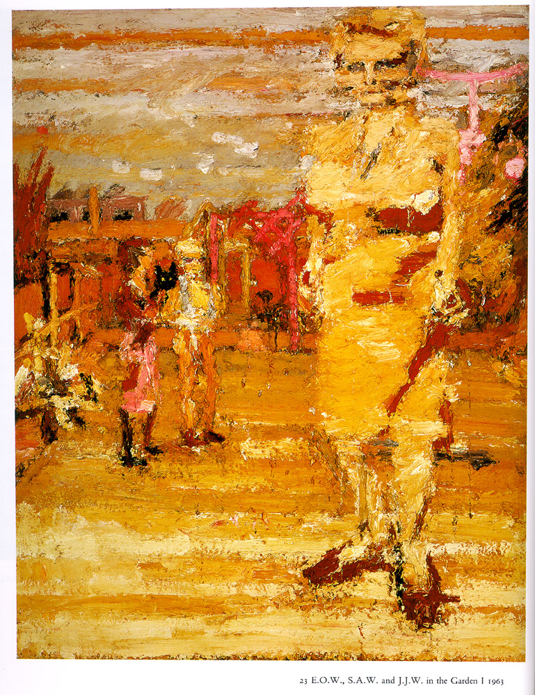 A painting in orange, reds, and yellows by Frank Auerbach. It is titled E.O.W., S.A.W., J.J.W. in the Garden I. It was created in 1963, oil on canvas.