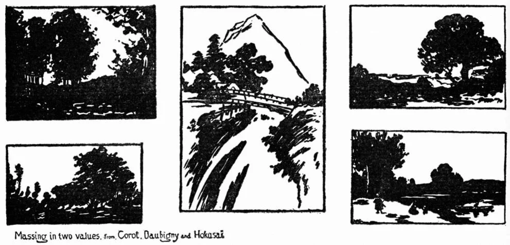 photograph next to a black and white notan study