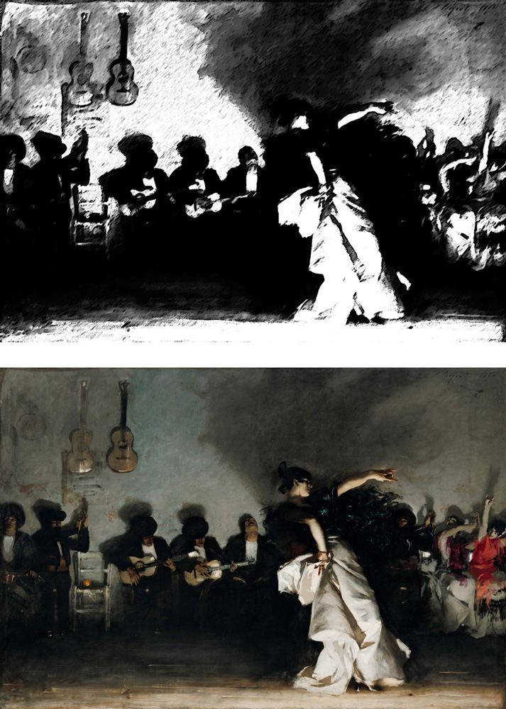 John Singer Sargent's painting titled El Jaleo from 1882 next to a black and white limited value digital version of it.
